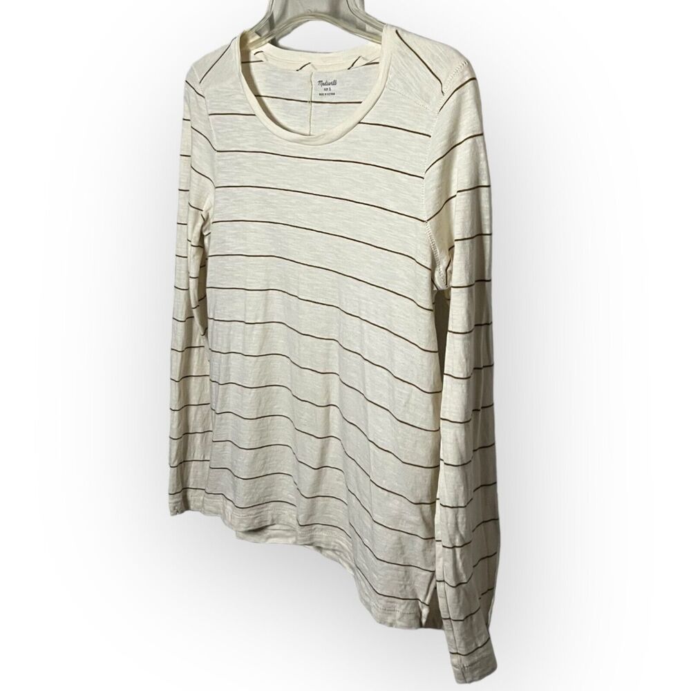 Madewell Cream & Brown Striped Long Sleeve Crew Neck T-Shirt w/Side Vents Sz S - Picture 3 of 11